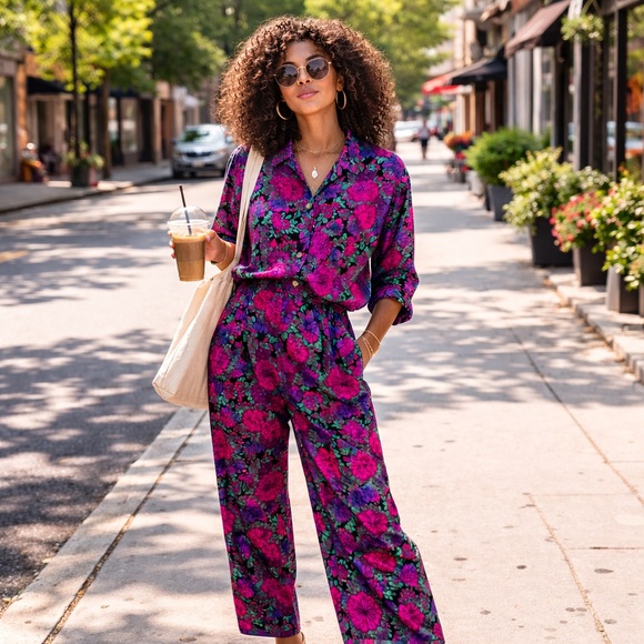 Vintage Pants - Vintage Floral Co-ord Matching Set Colorful Pants Suit Hipster Indie Relaxed Fit